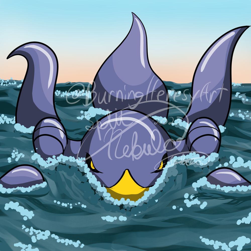 A garchomp-esque fan pokemon desig, with its head peaking out of ocean water and glaring menacingly at the viewer