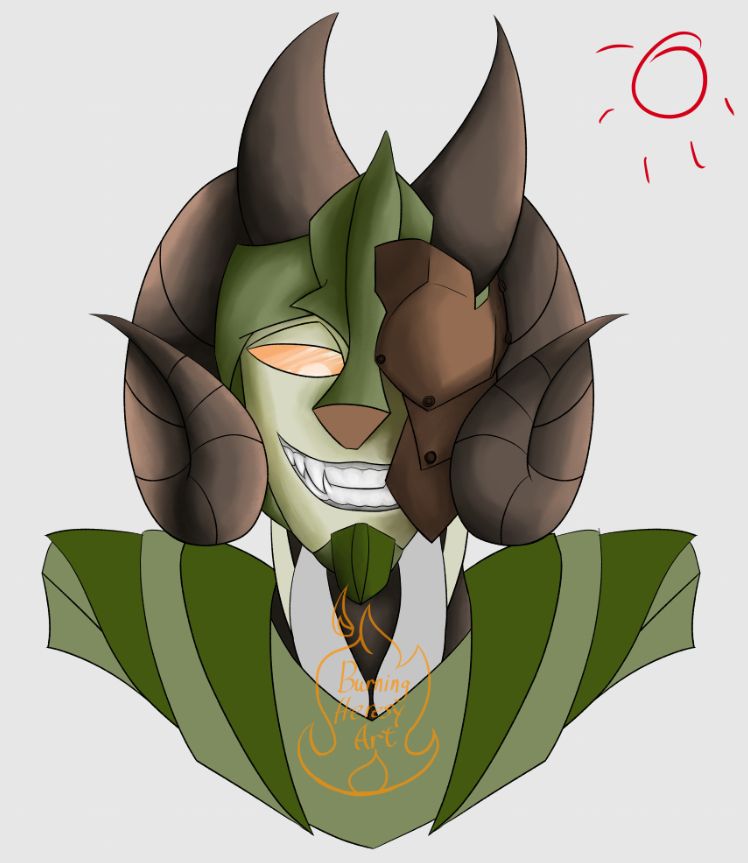 A half-rendered drawing of a Transformers OC, Cliffsnarl, who is green with brown horns. A metal mask made of metal plates bolted together is bolted over one side of their face. They're looking down at the viewer and grinning menacingly. Their face and horns are smoothly shaded, but their neck and shoulders are still flat. A sun is drawn in the corner to temporarily represent light source
