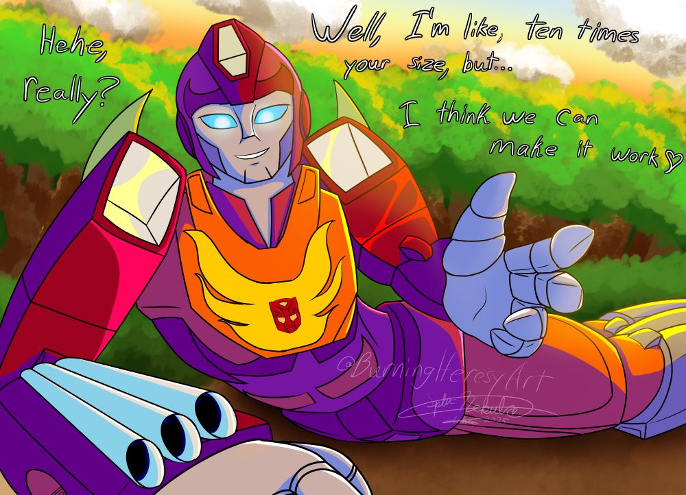 Hot Rod from Transformers G1, lounging and facing the viewer, looking down on them in a POV angle. He smiles, reaching a hand over to the viewer. The background is full of trees and a sunset which covers him in gentle orange light. Text around him says "Heh, really? Well, I'm like, ten times your size, but... I think we can make it work" with a heart. 