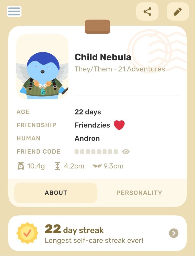 A screenshot of the Finch App, a self care app involving raising a cartoon Finch. It shows a stats screen for a Finch named Child Nebula,  they/them