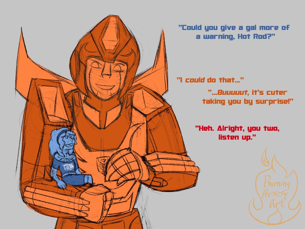 Hot Rod holding Sapphire cradled in his arm. In blue text, she says "Could you give a gal more of a warning, Hot Rod?" He replies "I COULD do that, buuuuuut it's cuter taking you by surprise!" Optimus says off-panel, "Heh, alright, you two, listen up."