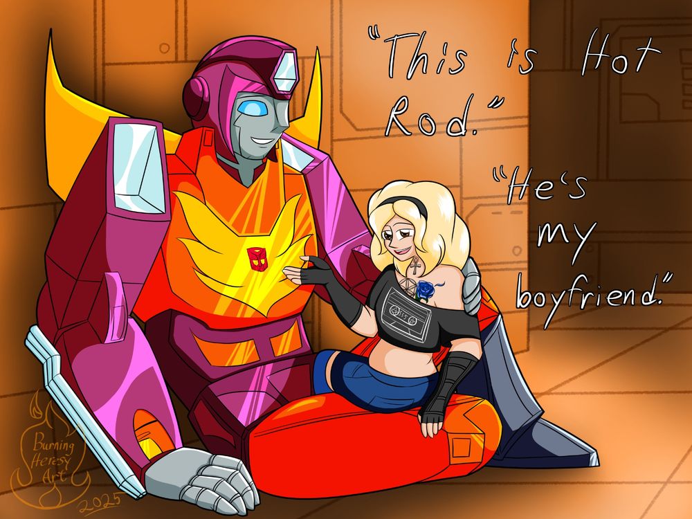 A digital drawing of Hot Rod from Transformers G1, sitting and smiling with his hand on a blonde woman's shoulder sitting on his leg, highlighting their significant size difference. She gestures at him, smiling, text off to the side reads "This is Hot Rod. He's my boyfriend". 
