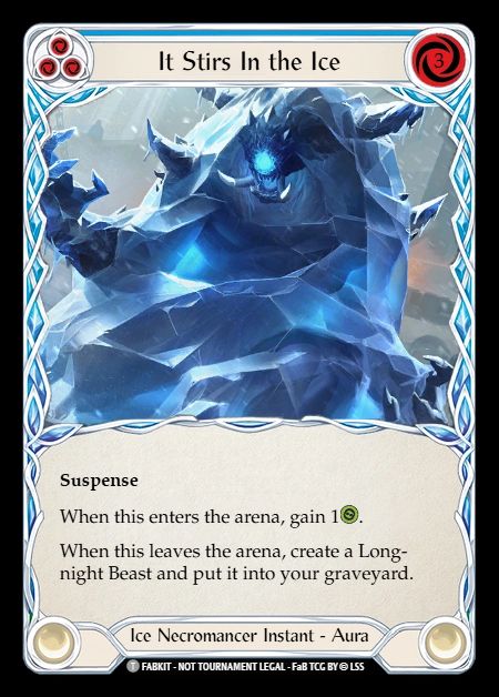 It stirs in the ice. 3 cost blue pitch.
Suspense. When this enters the arena, gain 1 life. When this leaves the arena, create a Long-Night beast and put it into your graveyard. Instant aura.

Art is a thrall from Runeterra, art probably by SixMoreVodka.