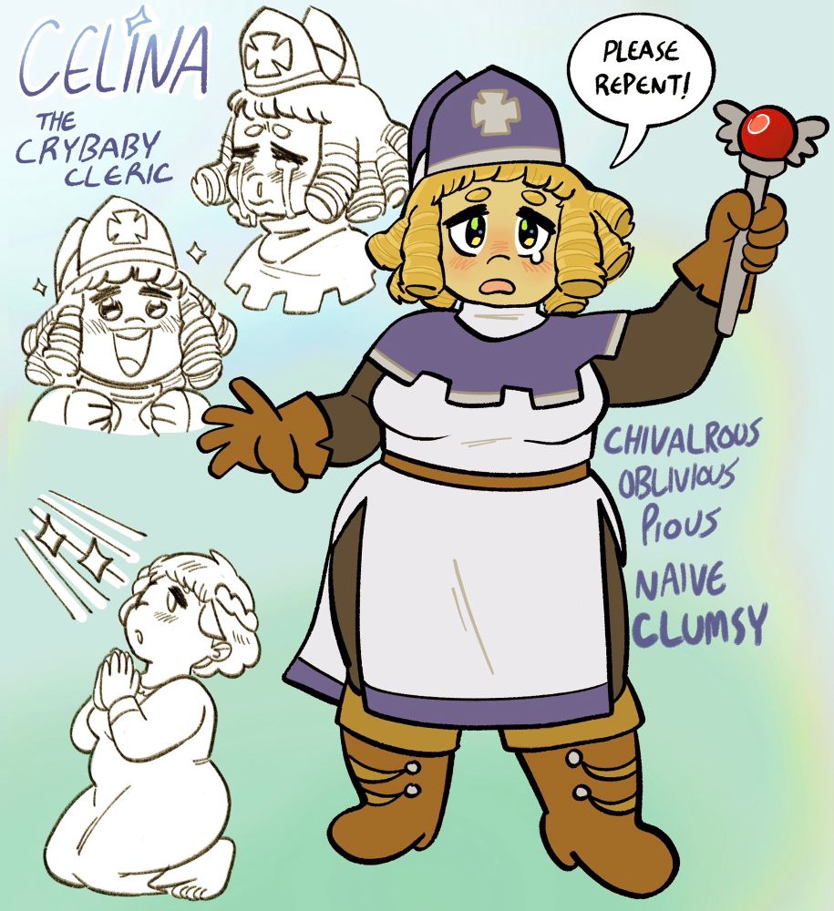 a soft and round cleric with rosy cheeks and golden curls