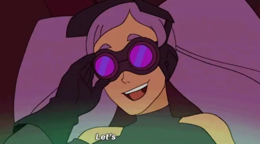 a cartoon character with purple hair and goggles says " let 's "