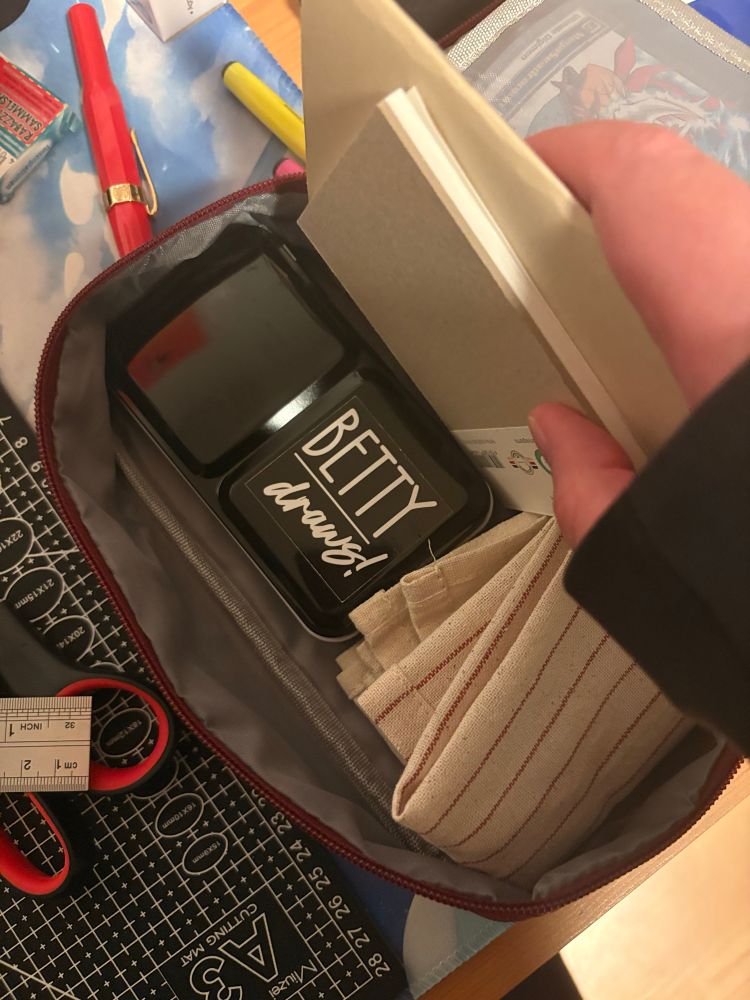 A photo of the travel art kit I packed. It shows my watercolor pallet that has a „betty draws“ sticker on it. There is also a cloth for cleaning brushes. 