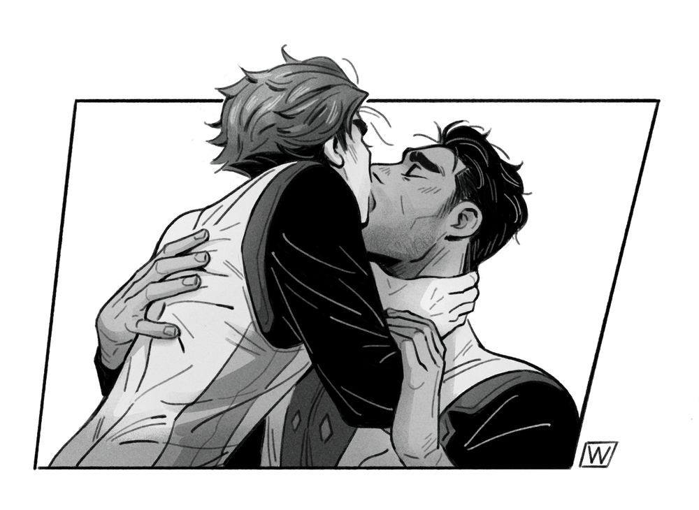 black and white drawing of jayvik. viktor on the left, back facing viewer, slightly above jayce who is on the right. viktor has his right hand around jayce's throat, and they're making out. 