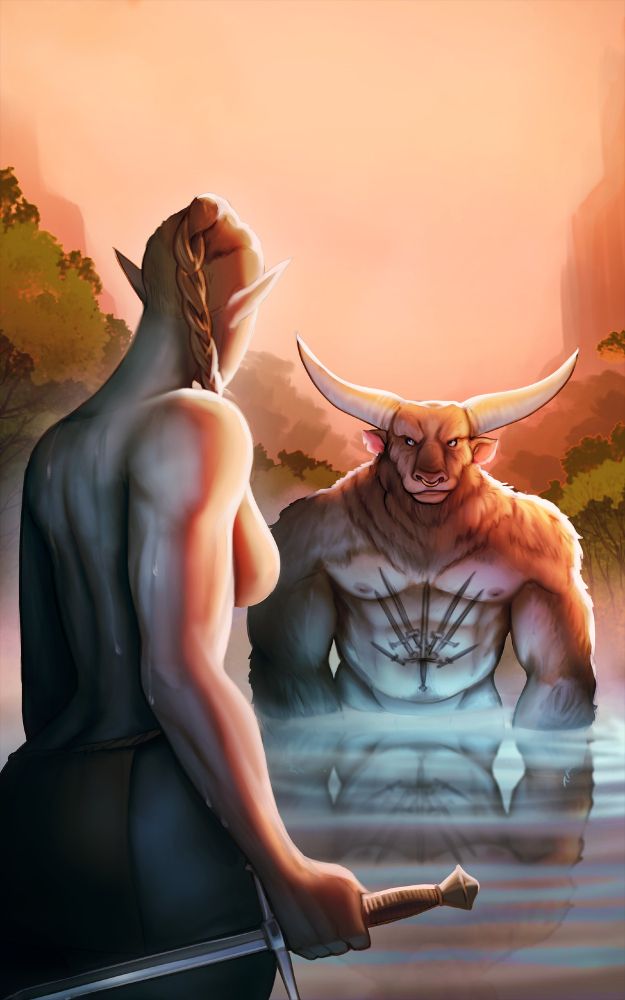 An naked elf woman brandishes a sword as she approaches a Minotaur staring defiantly at her from a hot-spring.
Art by @buttedraws on twitter.
