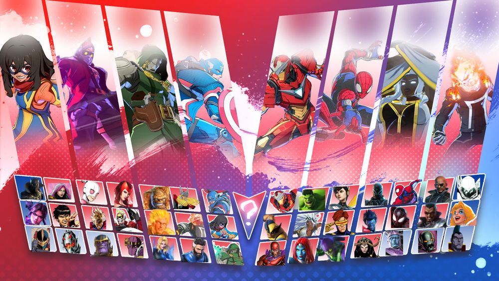 Blue Squares are considered DLC. Base Roster in Red.
Row 1: Songbird, Gwenpool, Scarlet Witch, The Thing, Thor, Captain America, Iron Man, Hulk, Wasp, Agent Venom, Spider-Man, Nick Fury
Row 2: Shang-Cho, Adam Warlock, Star Lord, Human Torch, Ghost Rider, Kamala Khan, Wolverine, Storm, Cyclops, Nightcrawler, Miles Morales, Blade
Row 3: Baron Zemo, Invisible Woman, Reed Richards, Doctor Doom, Magneto, Mystique, Green Goblin, Loki.
DLC on the left: Black Panther, Psylocke, Black Knight, Ultron, Thanos.
DLC on the Right: Moon Knight, Dazzler, Gladiator, Annihilus, Kang
