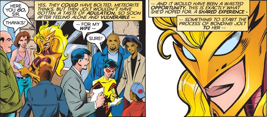 Moonstone, as Meteorite, and Jolt sign autographs for a crowd, as Moonstone begins her plan to groom Jolt to be against Zemo.