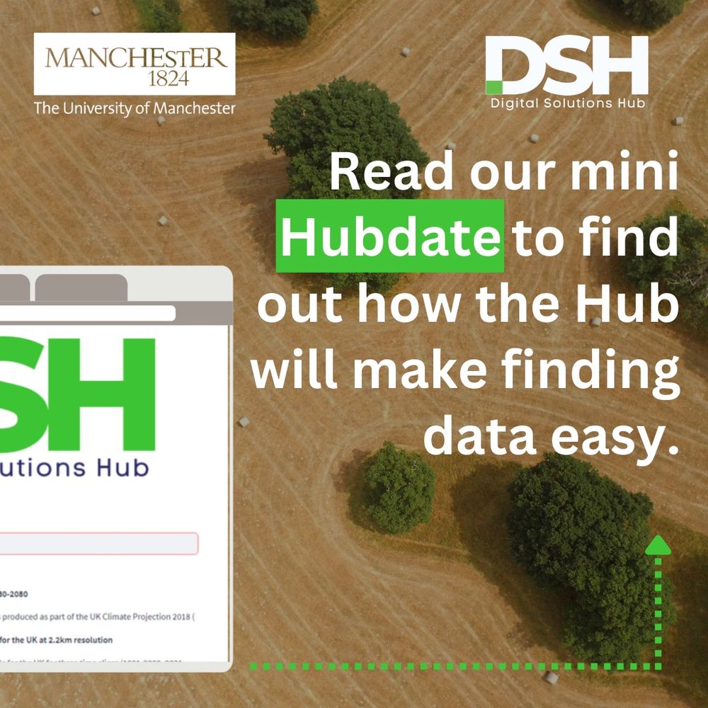 White University of Manchester logo in top left, white Digital Solutions Hub logo in top right. The main text reads 'Read our mini Hubdate to find out how the Hub will make finding data easy.' 