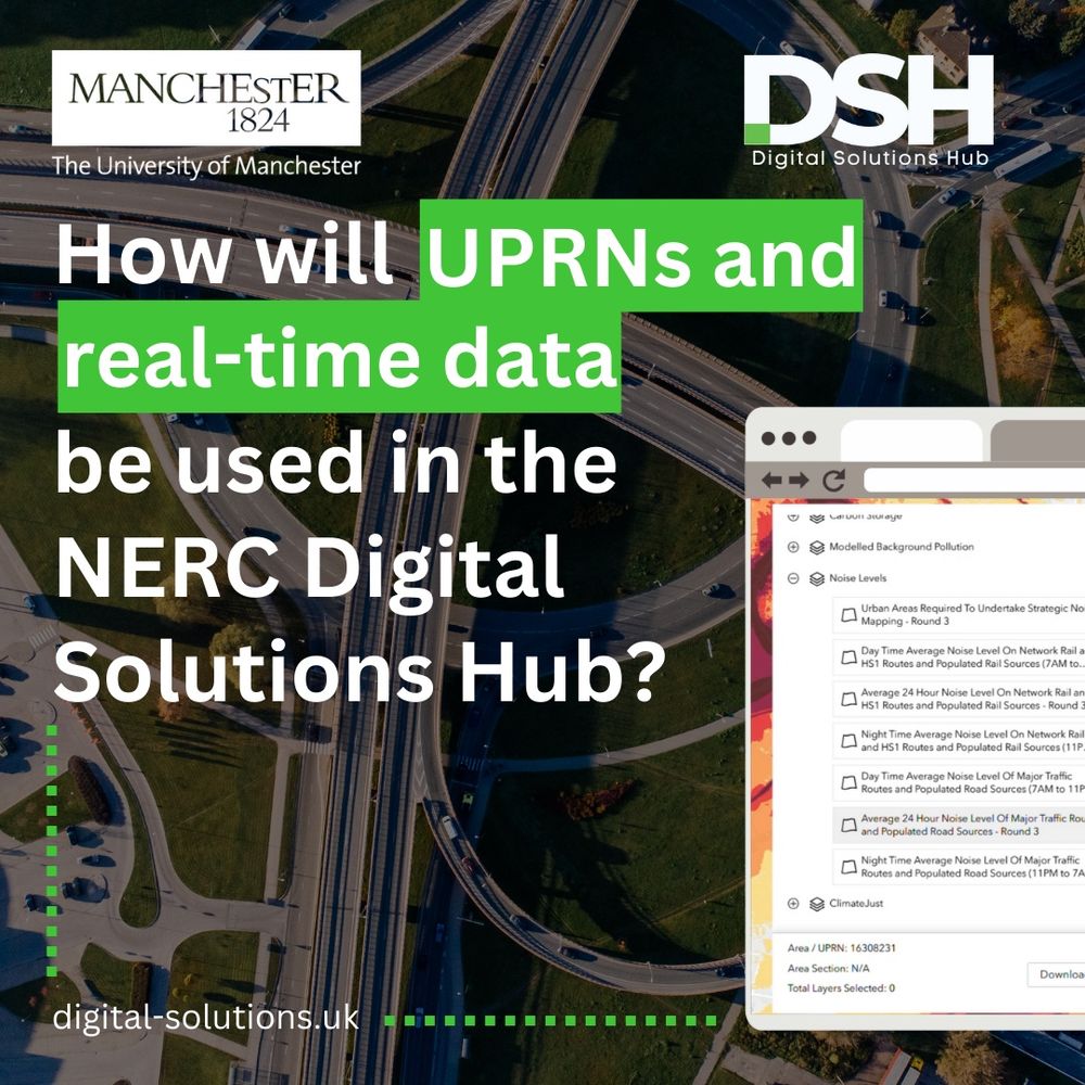 White university of manchester logo in top left. White Digital Solutions Hub logo in top right. The text reads 'What does 40+ petabytes of environmental data look like?'. The web address 'digital-solutions.uk' is in the bottom left of the image.