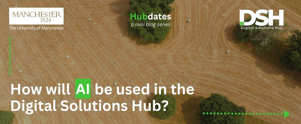 In the top left is the white University of Manchester logo. In the top right is a white Digital Solutions Hub logo. In the top centre there is text that reads 'Hubdates: a mini blog series'. In the bottom left there is text that reads 'How will AI be used in the Digital Solutions Hub?'.