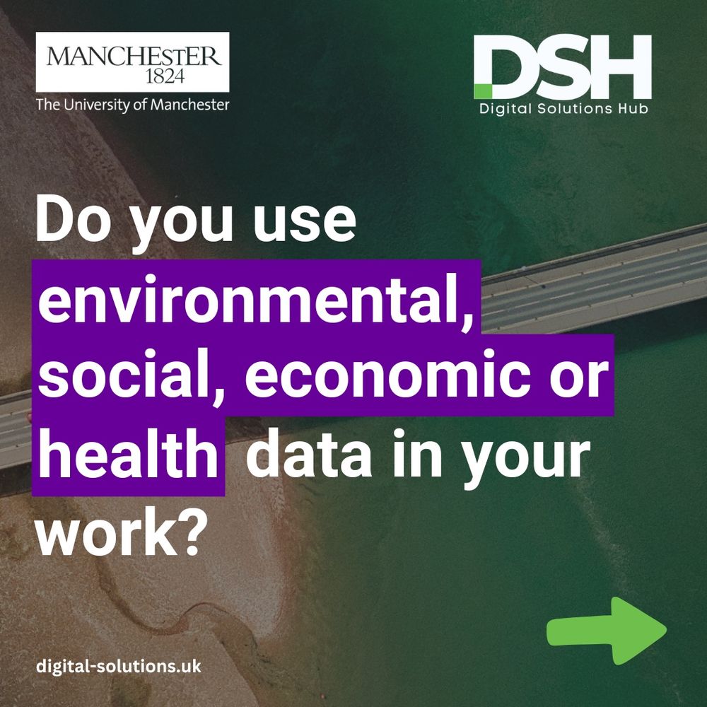 This social media graphic says 'Do you use environmental, social, economic or health data in your work?'. It also has the web address 'digital-solutions.uk' in the bottom left corner. In the top left and right corners it has The University of Manchester logo, and the Digital Solutions Hub logo.