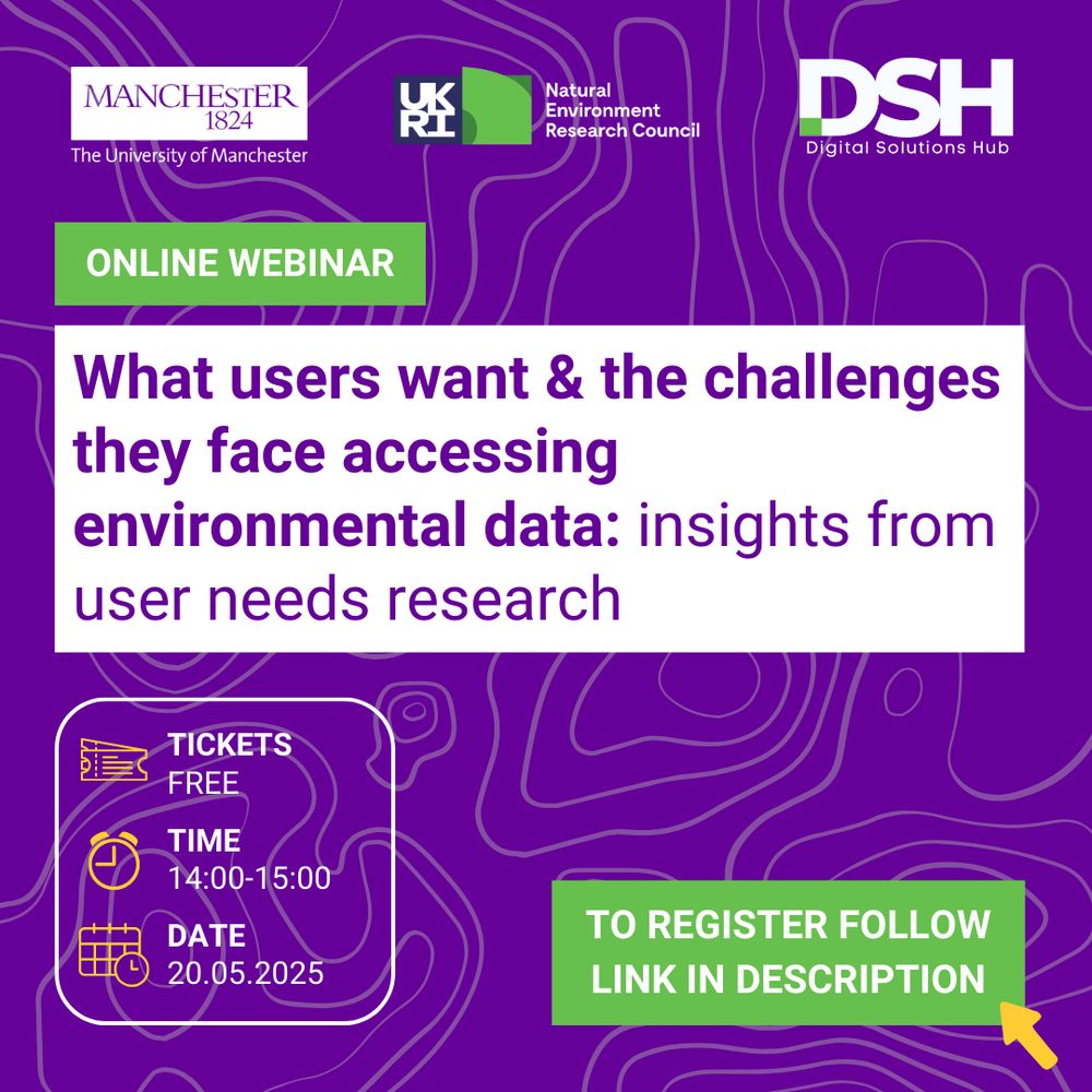 This image is announcing an online webinar titled "What users want & the challenges they face accessing environmental data: insights from user needs research." The webinar is scheduled for May 20, 2025, from 14:00 to 15:00. Tickets are free, and registration can be completed by following the link in the description. The document highlights the focus on understanding user needs and the challenges encountered when accessing environmental data.