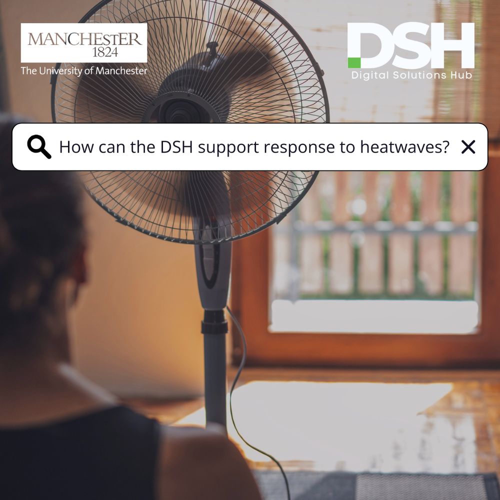 The image in the background of this graphic is a person sat in front of a fan in a house. In the top left corner is the university of manchester logo, and in the top right corner is the digital solutions hub logo. In the middle of the graphic is a search bar with text that reads: 'How can the DSH support response to heatwaves?'. 
