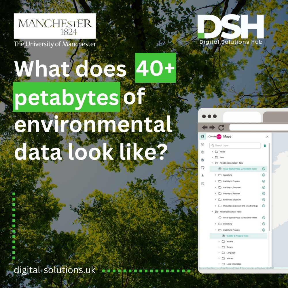 White university of manchester logo in top left. White Digital Solutions Hub logo in top right. Text to the left reads 'What does 40+ petabytes of environmental data look like?'. Text in the bottom left reads 'digital-solutions.uk'. To the right of the graphic is an image of a browser tab that is showing the left side of the Climate Just mapping tool.