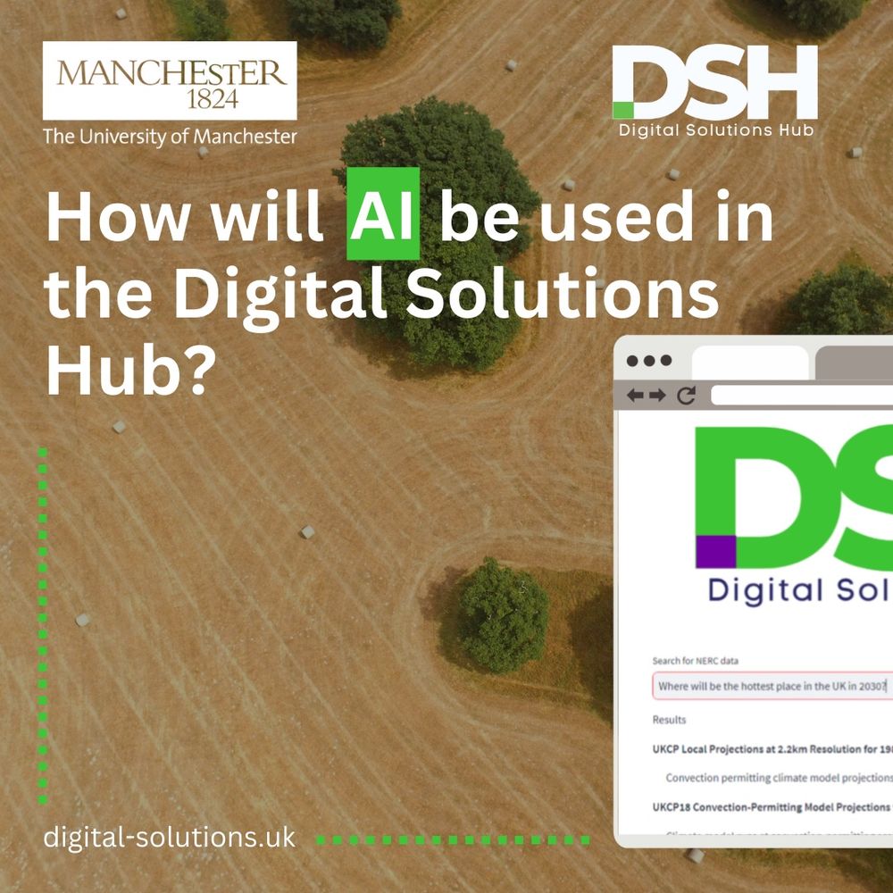White University of Manchester logo in top left, white Digital Solutions Hub logo in top right. The main text reads 'How will AI be used in the Digital Solutions Hub?' 