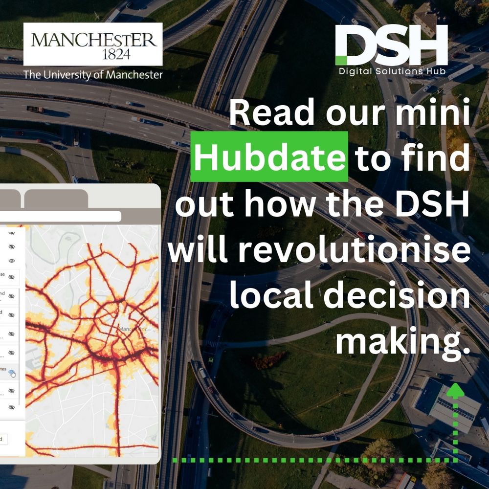 White university of manchester logo in top left. White Digital Solutions Hub logo in top right. The text reads 'Read the Hubdate to discover what data you will be able to access in the NERC Digital Solutions Hub'.