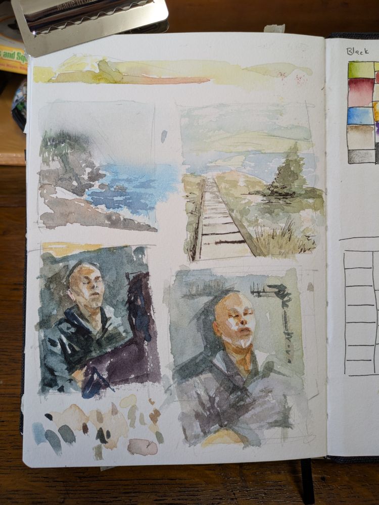 Watercolor sketchbook of small vistas and a man sleeping on a train.
