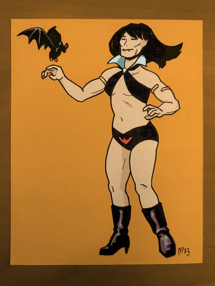 A 70s palette coloring of Matt Digg's Vampirella with a bat landing on her finger. She is very much a monster but also very cute
