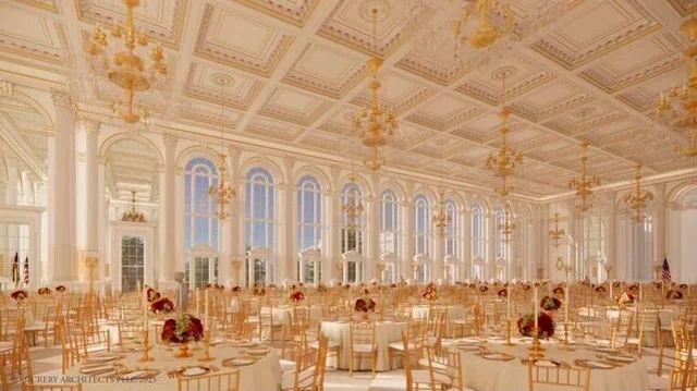 Ball room with coffered ceilings and pediments in the windows. Not on top of the windows. Pediments in the windows. 