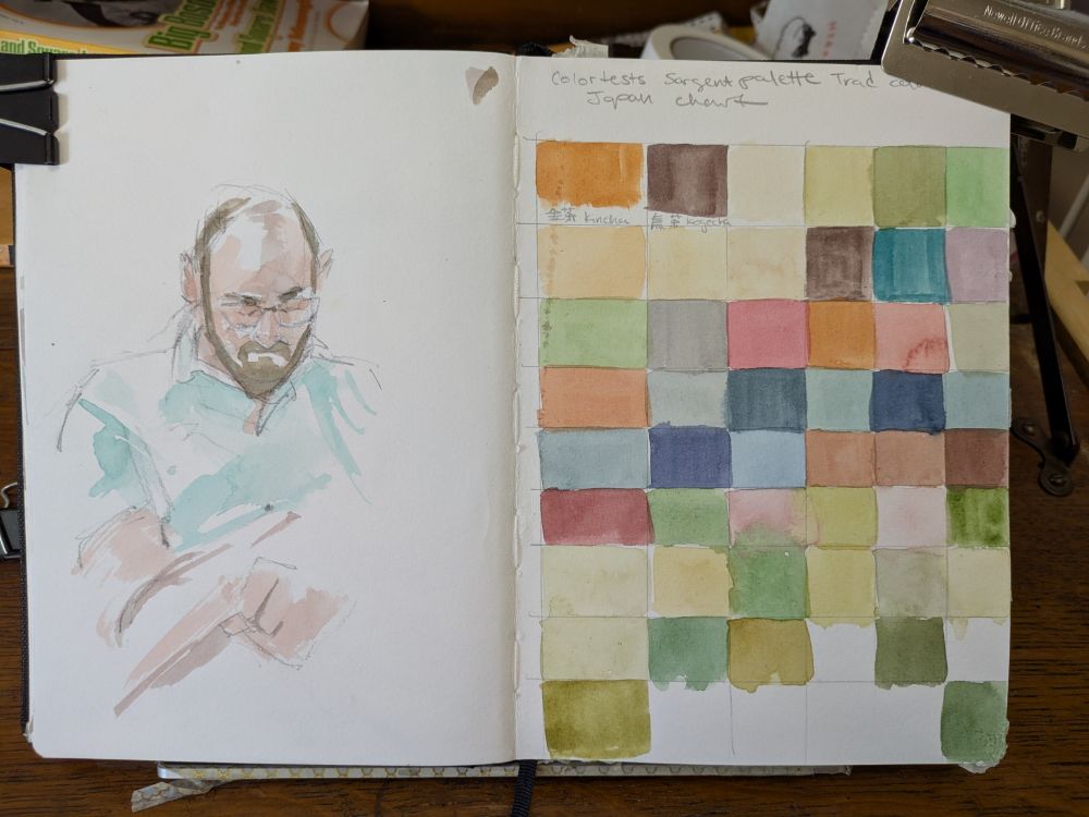 Watercolor sketchbook of quick sketch of man on a train and color tests.