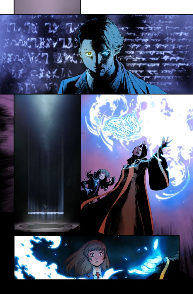 Dramatic purple and blue page as characters learn about magic