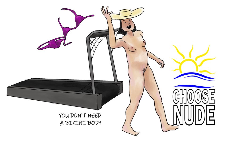 Liz tosses her pink bikini over her shoulder, and laughs as she passes the cobwebbed treadmill. She's nude and loving life!