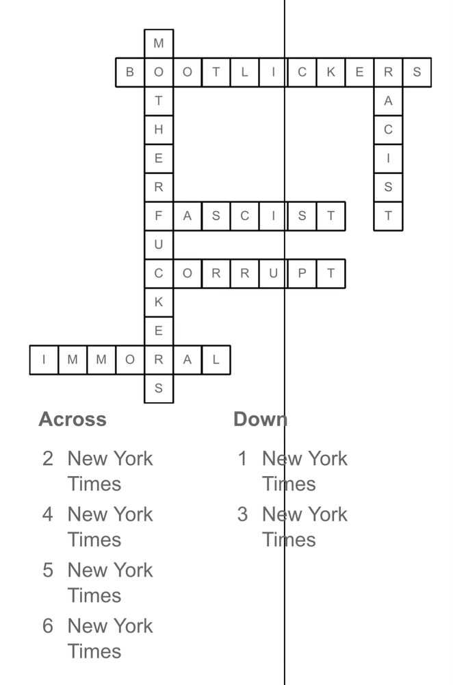 Crossword puzzle with all clues as New York Times and answers that include racist, immoral, corrupt, motherfuckers, fascist, and bootlickers. 