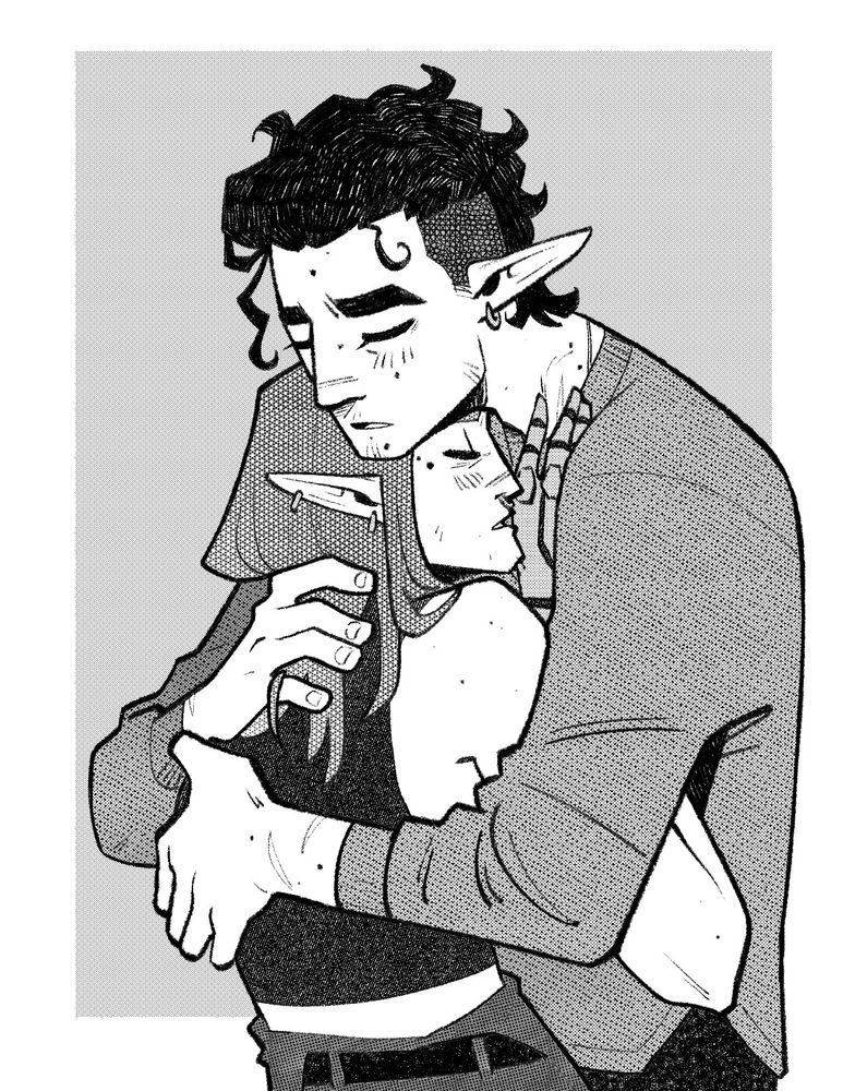 A halftone illustration of Tink and Balial in an embrace. They both look pained and relieved. 