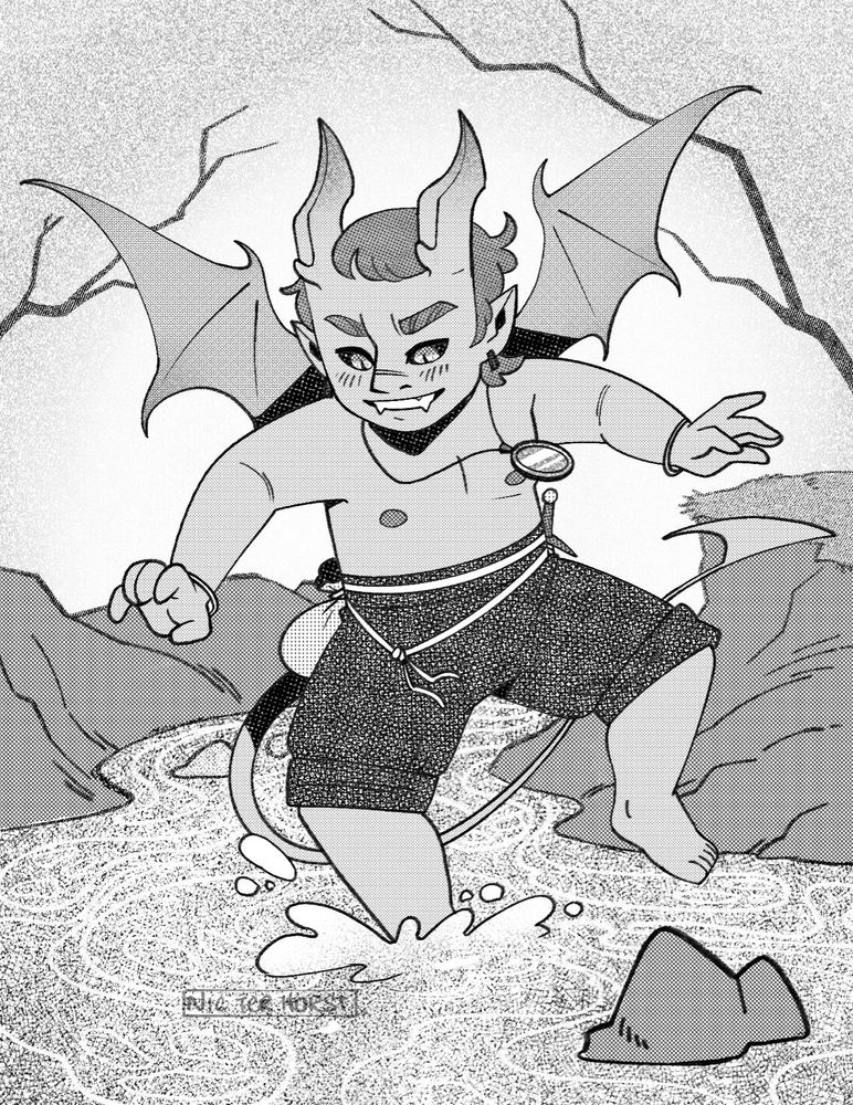 A black and white halftone illustration of a happy young cambion splashing in the river of souls. He looks happy and mischievous, with arms out and bat wings spread out behind him. His horns are whole and resemble the shape of Yves' horns. The souls in the water look shimmery and distressed as they are carried along.