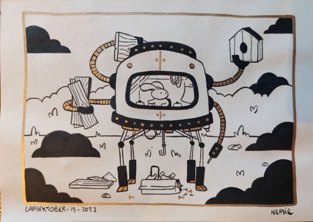 Un magnifique dessin de lapin dans un mecha qui bricole. Le dessin est un peu gondolé car il a pris l'eau.