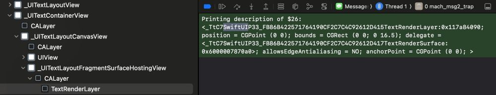 LLDB console that shows a SwiftUI layer object in UIKit view hierarchy.