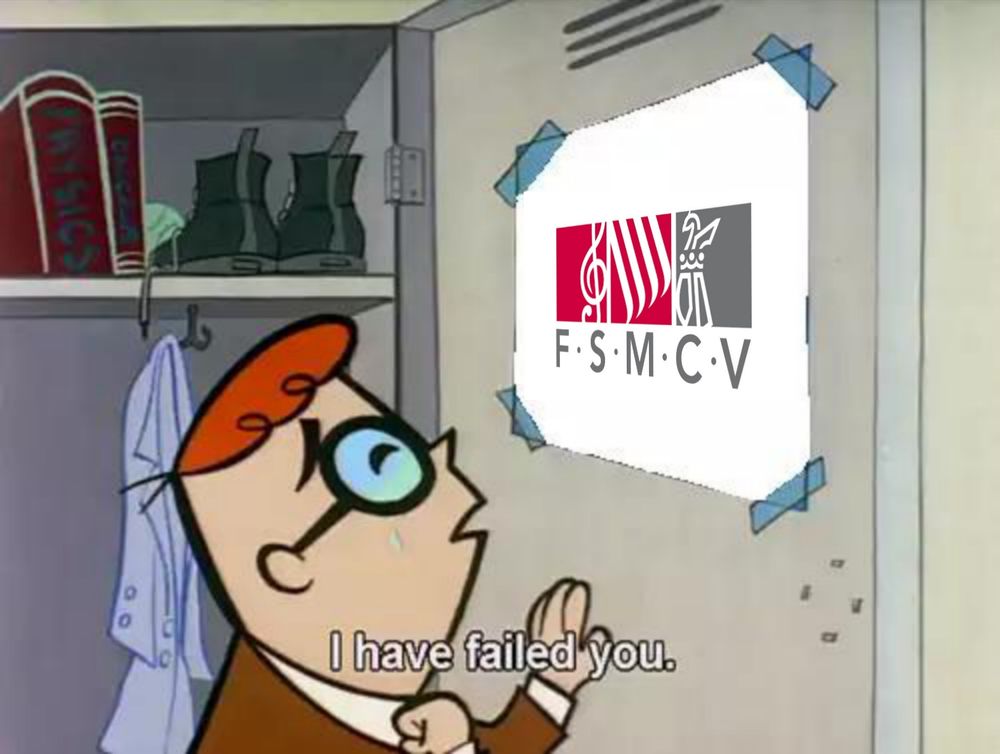 Meme de Dexter on plora mirant a una imatge a la porta de la seua guixeta diguent "T'he fallat". A la imatge apareix el logo de la Federació de Societats Musicals del País Valencià.
