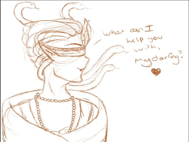 Very rough side profile head to shoulders sketch of a blind folded medusa lady in a fashionable fur mantle, a string of pearls, a flapper-esque headband turned blindfold. She says, posh like: "what can I help you with, my darling? 💙"