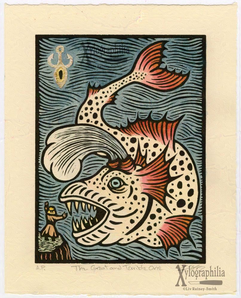 A black ink woodcut print on cream colored paper. The subject is a giant sea monster with sharp teeth, two water spouts coming out of its head, and pointed fins. Before it stands a man on a cliff in an oil slicker. He is gesturing widely and looks like he'd fit in the monster's mouth quite easily. In the upper left is a gilded symbol like a fish hook and weight combined. The background is stylized blue waves.