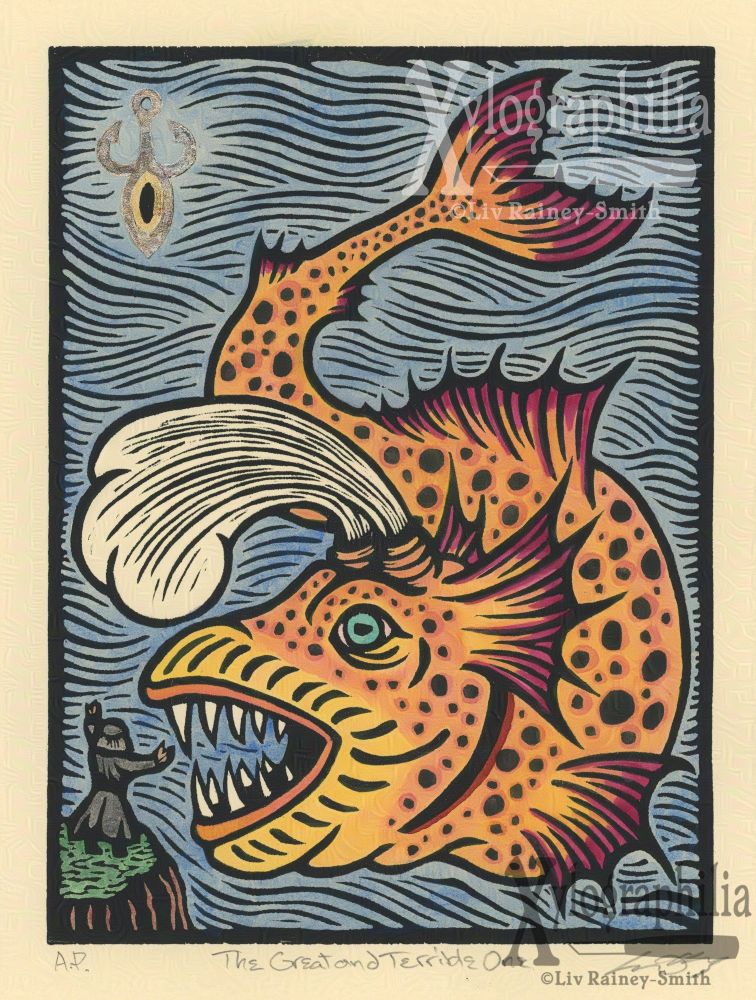 A black ink woodcut on cream colored paper depicting a sea monster on a stylized wave background. Much like one you'd see on an antique map. A small human stands on a cliff before the fanged mouth of the monster, and a sigil floats in the upper left corner. The sea monster has been colored in oranges, with deep pink points on the fins. It sprays water from two spouts on its head.