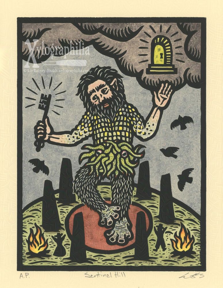 A black ink woodcut on cream colored paper. Depicted is monstrous giant in a red circle on a hilltop. It appears to be dancing, and is holding a giant key in one hand while gesturing to a doorway in the clouds with the other. It is surrounded by black standing stones, black birds in the sky, and two tiny human figures near two bonfires. The monster's face and hands are human, but the chest is scaled, torso covered in tentacles, and legs are furry with elephant-like feet. 