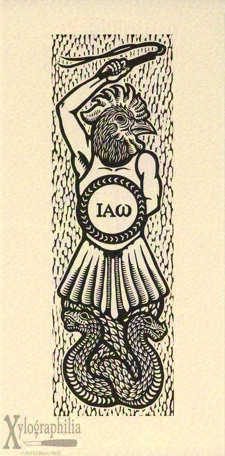 A black ink woodcut print on cream colored paper. The image is a slender vertical rectangle and the figure fills much of the space. The figure has a rooster's head, human torso, and two serpents in lieu of legs. It is cracking a whip above its head, and holds a shield with the word ΙΑΩ on it. It wears a pleated skirt. 