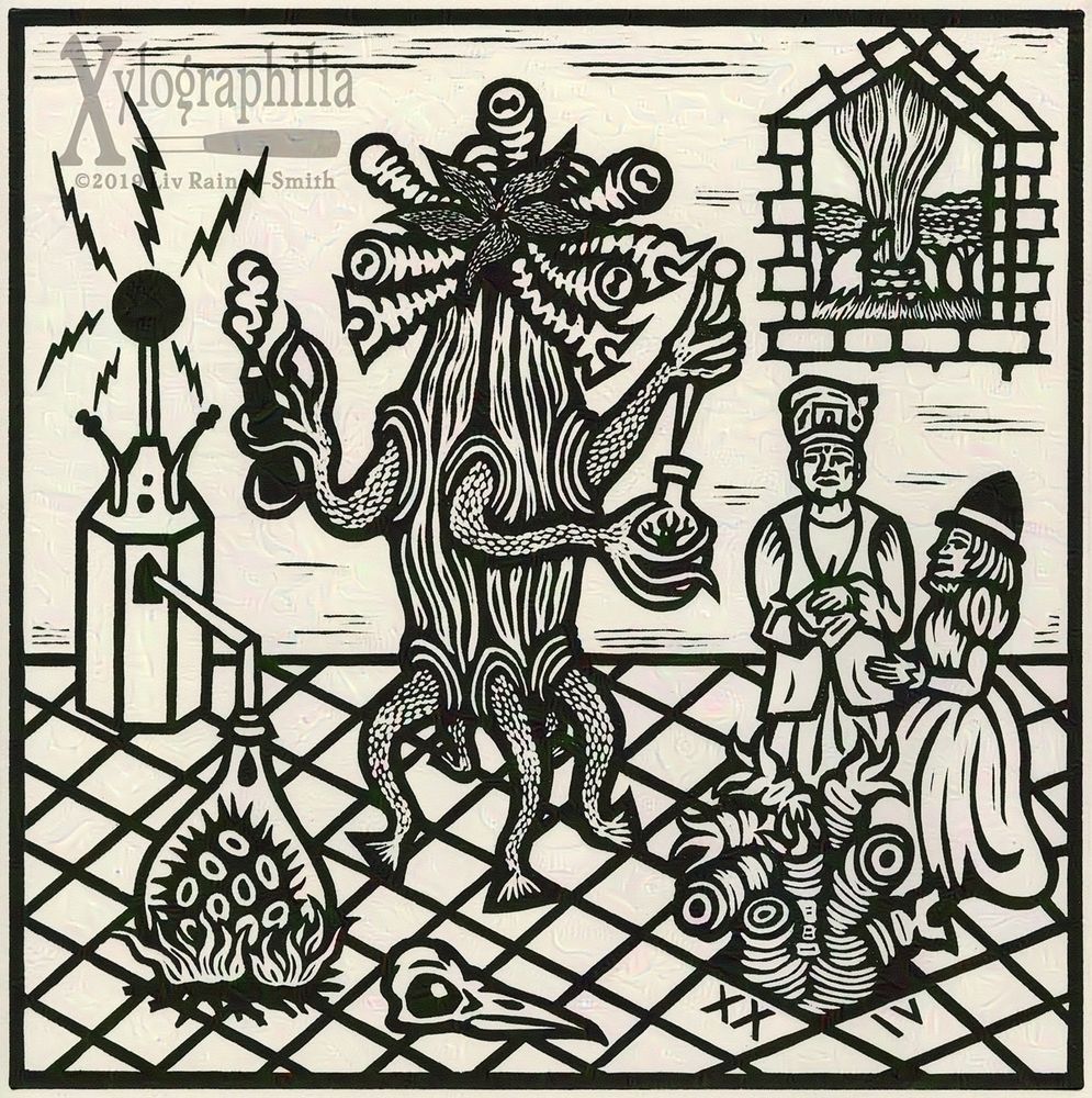 A square black ink woodcut print on lighter cream colored paper. The scene is in a Renaissance-ish style. A large monster in the center is tutoring two human figures, one who looks like a witch, the other like author Wilum Pugmire. The monster has five legs, and beneath a star shaped form on its heads are eyes and mouths on stalks. It is working with a pipette, and a flask with a creature in it, as well as a fumigation tool. The space is like an achemist's laboratory, and a strange creature is breaking into the room from a deformed area of the floor. The roman numerals XX IV are written under it. Through the window above, something massive is pouring upwards out of a well into the sky.