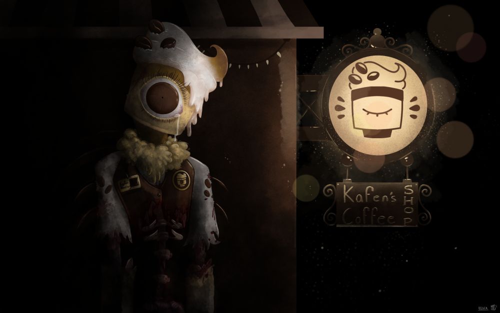 A rework of the original drawing called "Longing for My Home". Featuring Kafen Boxha's Demon form (OC) standing shellshocked in the darkness. Only being illuminated by her own coffee shop's sign.