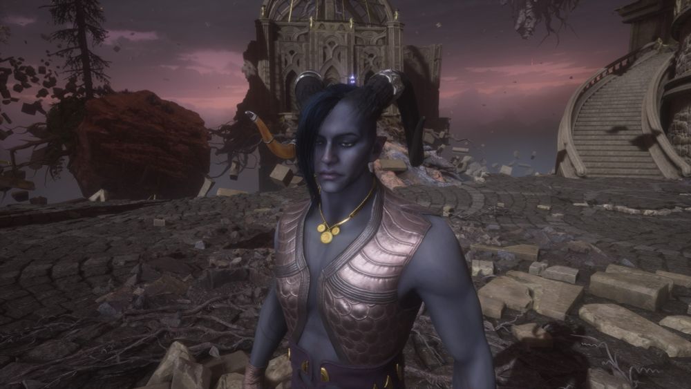 screenshot from dragon age veilguard featuring qunari lord of fortune with ram-like horns tipped with amber, sharp cheekbones, medium indigo complexion, long dark blue mohawk hairstyle with long lock of hair covering half of the face, unimpressed blue green eyes, slight frown
