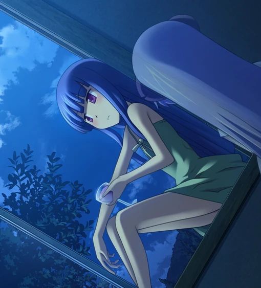 Higurashi CG of Rika sitting at the window pensively drinking a glass of wine at night, with Hanyuu to keep her company