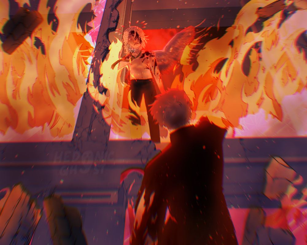 A dramatic artwork of a confrontation in a burning skyscraper. The central figure is Osment, a Black person with albinism, who stands framed by raging orange flames and smoke. He is wearing green suit pants and a tie, but no shirt, revealing a red fire tattoo on his right shoulder. He has a broken halo and tattered wings. He looks down with an intense, bloody face at Avery, who is hanging precariously from the building below him. Avery, a middle-aged man in a suit, looks up at Osment while his other arm hangs limply from a tattered, bloody sleeve. The image is blurred with chromatic aberration, focusing sharply on Osment's face, while a skylight reveals a red blood moon and debris falling around them.