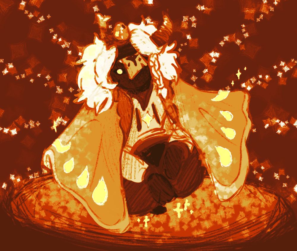 A warm-toned drawing of a Sky kid squatting on a glowing circle against a dark, starry background. It has fluffy white hair with a curved horn and fish accessory, and wears a butterfly-wing cape and a mask with a sticky note.