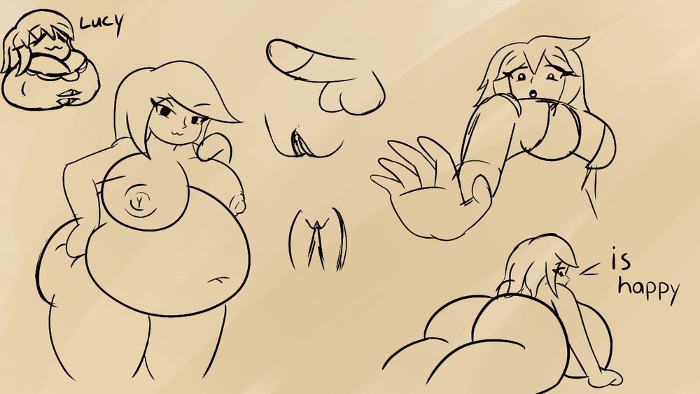 Various Doodles of nsfw/kinky stuff Lucy is in the top left with big boobs and a gal on the left with a big butt and boobs has texted next to her saying"is happy"