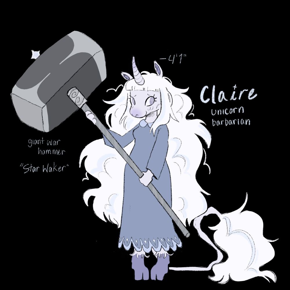 this is claires reference sheet! she is a light purple unicorn with white messy hair and a blue nightgown