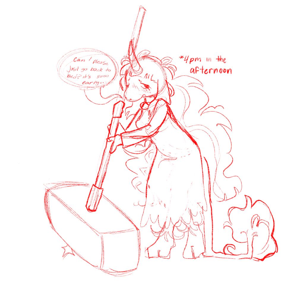 a sketch if claire leaning up against her huge hammer with the text “ can i please just go back to bed? its soooo early” 