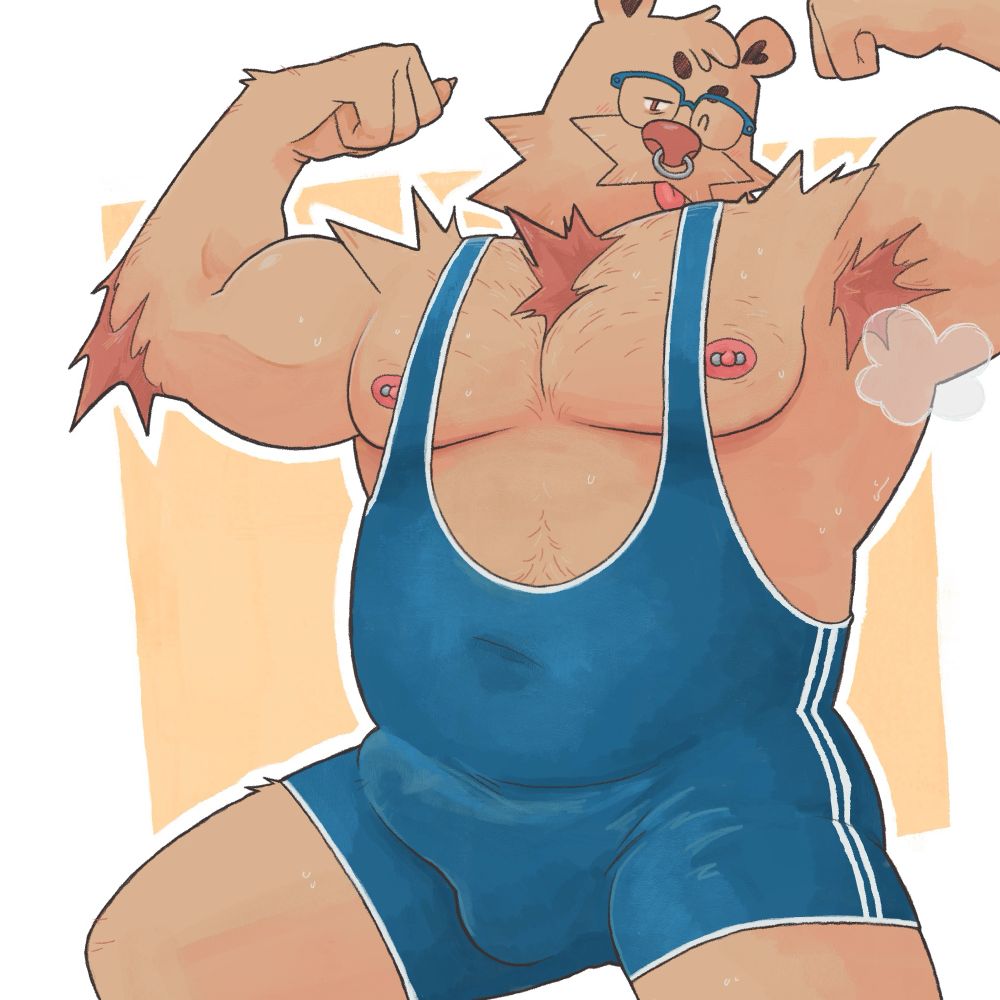 Drawing of a much beefier Orange who wears a blue singlet. He is looking atthe viewer, gruffer than usual, while flexing. He has a visible bulge.